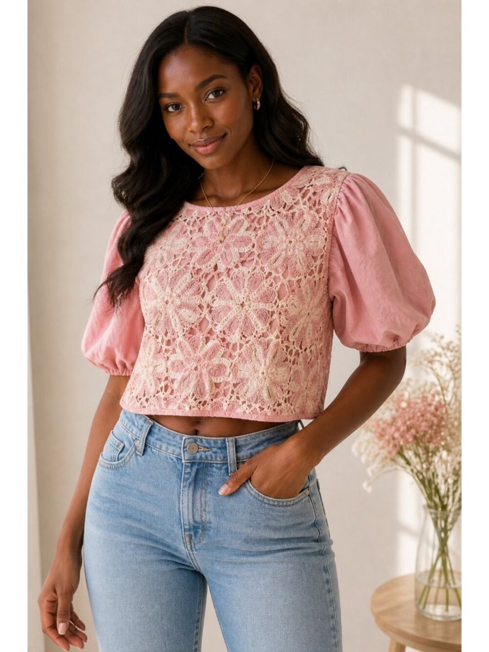 &merci Pink Crochet Lace Top Puff Sleeve Boho Crop Blouse Women Small